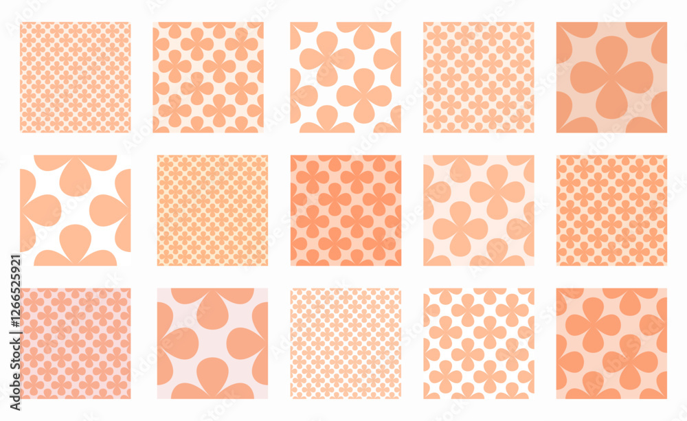 Seamless vector pattern set in Peach Fuzz featuring clover like flower shapes with a checkered design. Minimalistic geometric aesthetic, ideal for modern wallpapers, backgrounds, and stylish prints