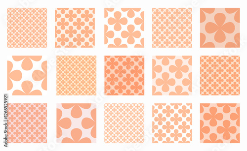 Seamless vector pattern set in Peach Fuzz featuring clover like flower shapes with a checkered design. Minimalistic geometric aesthetic, ideal for modern wallpapers, backgrounds, and stylish prints