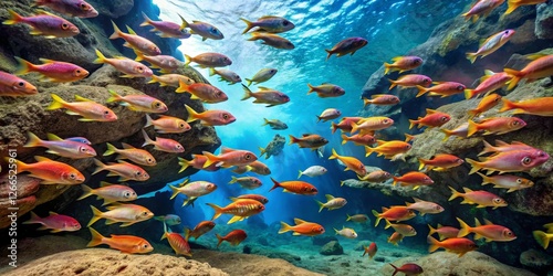 Vibrant Reef Inhabitants A School of Colorful Fish Gracefully Navigating a Rocky Underwater Landscape