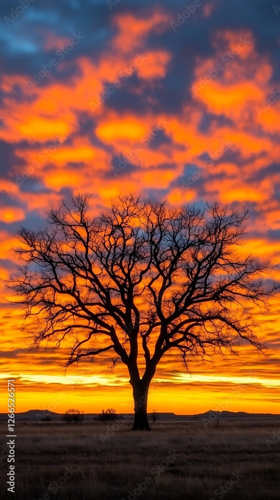 Lone tree at sunset on plains with colorful clouds. For nature, landscape, or rural themes Lone tree at sunset on plains with colorful clouds. For nature, landscape, or rural themes
