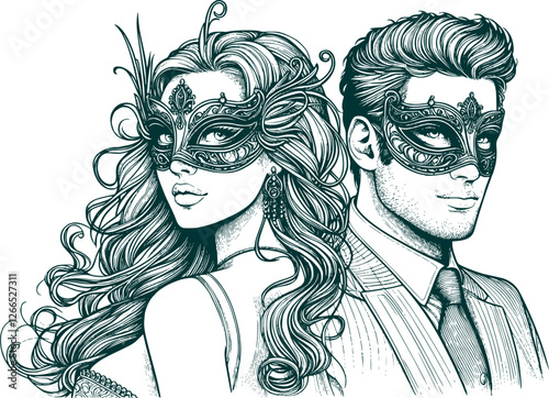 couple with masquerade lineart, isolated on white, illustration of festival costume, venetian carnival mask