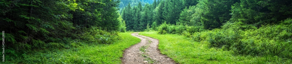 Fototapeta premium Winding path through a lush green forest in the daytime. Generative AI