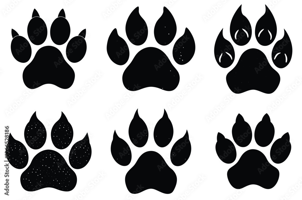 Fototapeta premium Set of cat paw silhouette icons, cat paw foot print vector silhouettes 
