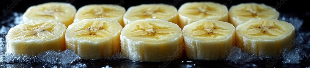 Frozen Banana Slices on Ice in Close-up Photography. Generative AI Frozen Banana Slices on Ice in Close-up Photography. Generative AI