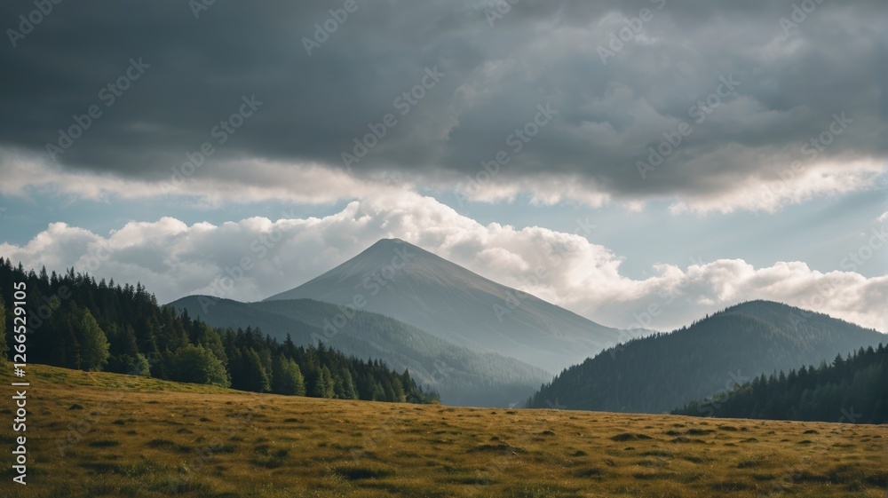 Fototapeta premium mountains with a few trees and a few clouds in the sky