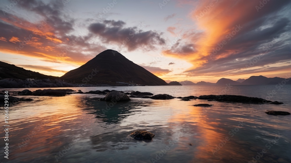 sunset over a mountain and a body of water with rocks in the foreground sunset over a mountain and a body of water with rocks in the foreground
