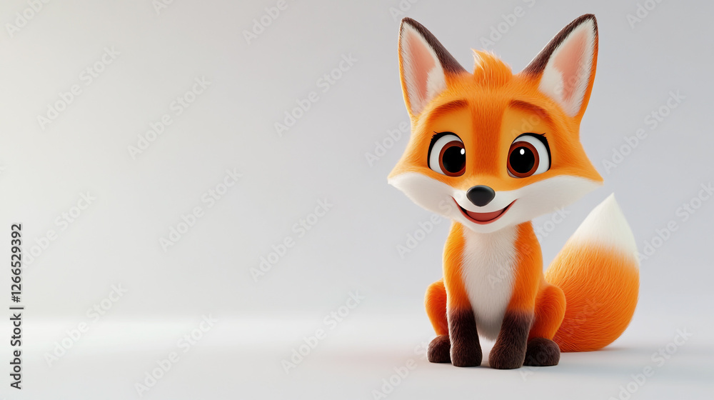 Obraz premium Cute fox cartoon character with a joyful extyession and fluffy tail sitting on a plain background