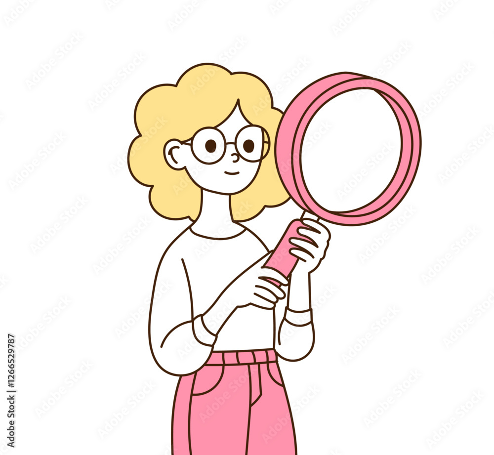 A woman looking at it with a magnifying glass. A woman looking at it with a magnifying glass.