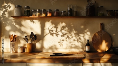 A serene kitchen scene with utensils, jars, and soft shadows creating a warm atmosphere.