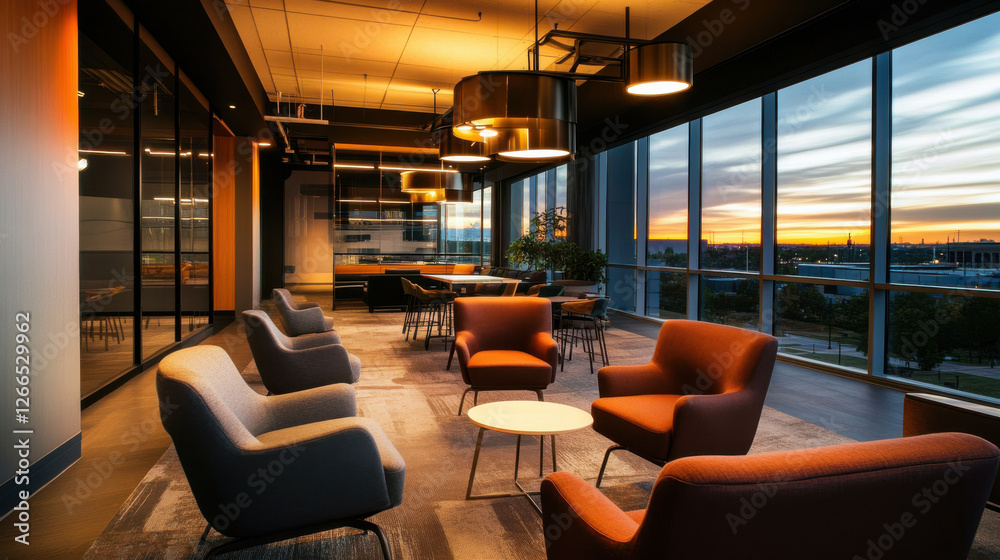 modern office lounge with comfortable seating and sunset view modern office lounge with comfortable seating and sunset view