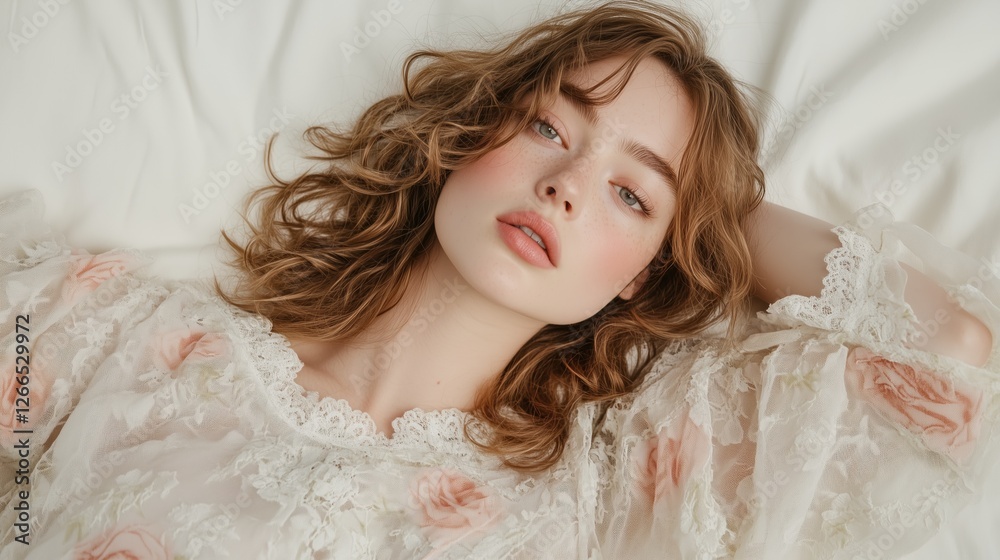 Soft Focus Portrait: A captivating portrait of a woman with delicate features, featuring tousled wavy hair and an ethereal beauty. Her eyes are closed, suggesting a state of tranquility. Soft Focus Portrait: A captivating portrait of a woman with delicate features, featuring tousled wavy hair and an ethereal beauty. Her eyes are closed, suggesting a state of tranquility.
