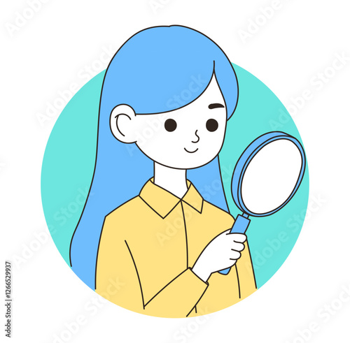 A woman looking at it with a magnifying glass.