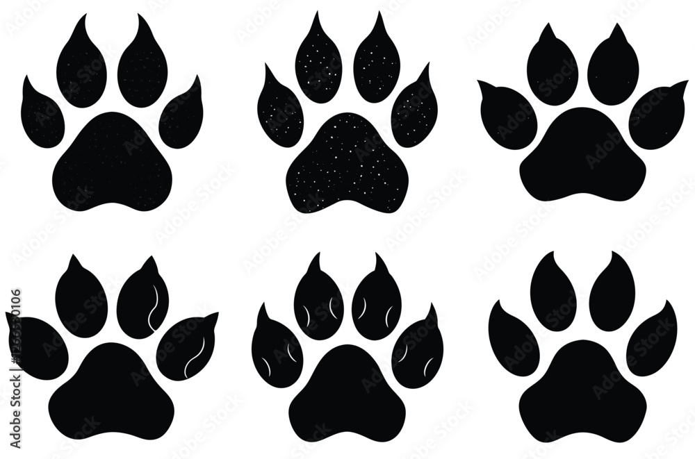 Fototapeta premium Set of cat paw silhouette icons, cat paw foot print vector silhouettes