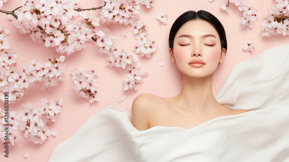 Serene Beauty Amidst Cherry Blossoms: A young woman with flawless skin lies peacefully amongst delicate pink cherry blossoms, evoking a sense of tranquility and natural beauty. Serene Beauty Amidst Cherry Blossoms: A young woman with flawless skin lies peacefully amongst delicate pink cherry blossoms, evoking a sense of tranquility and natural beauty.