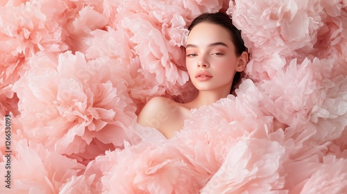 Blushing Beauty: Serene young woman with flawless skin lying amidst a profusion of delicate blush pink flowers, creating a dreamy and romantic atmosphere.