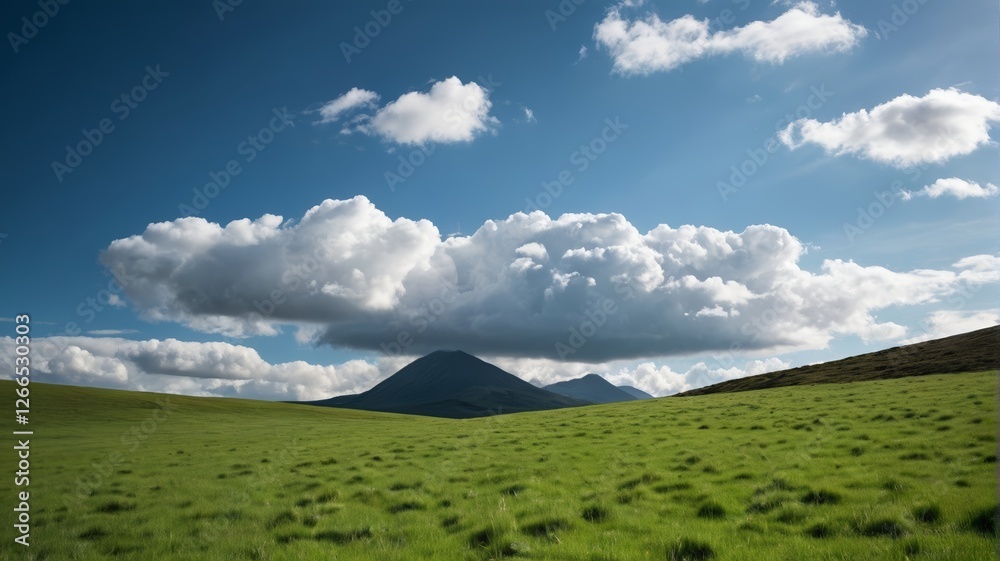 Obraz premium there is a green field with a mountain in the distance