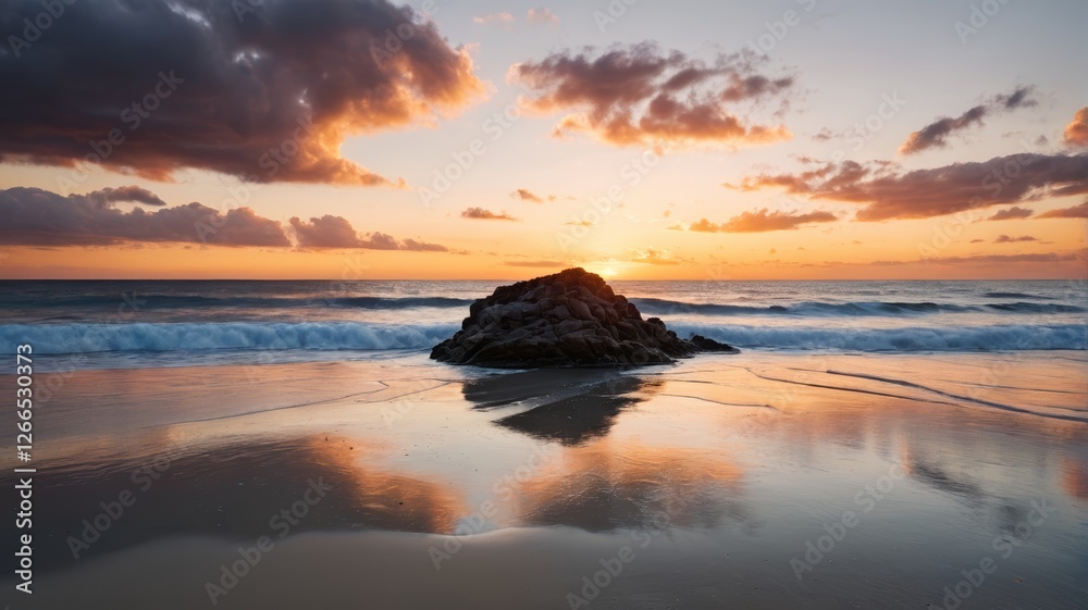 sunset on a beach with a rock in the foreground sunset on a beach with a rock in the foreground