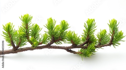 Fresh green pine branch with newly grown leaves against a white isolated background. Generative AI photo