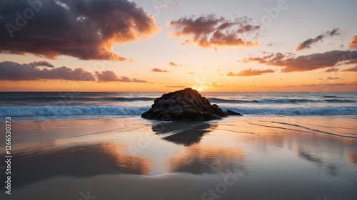 sunset on a beach with a rock in the foreground