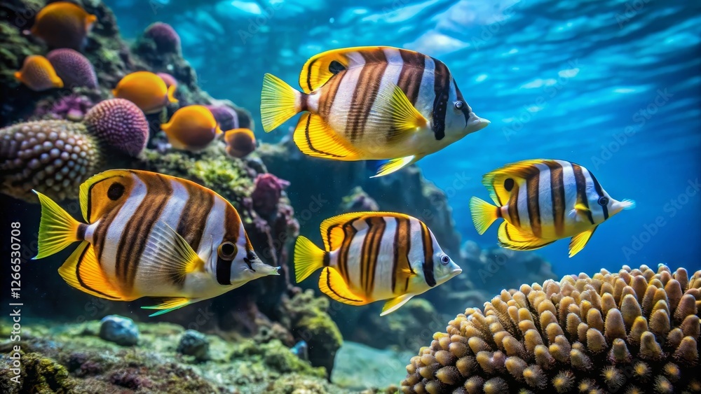 Striped and Yellow Fish Swim Gracefully Among Vibrant Coral Reefs in a Serene Underwater Paradise Striped and Yellow Fish Swim Gracefully Among Vibrant Coral Reefs in a Serene Underwater Paradise