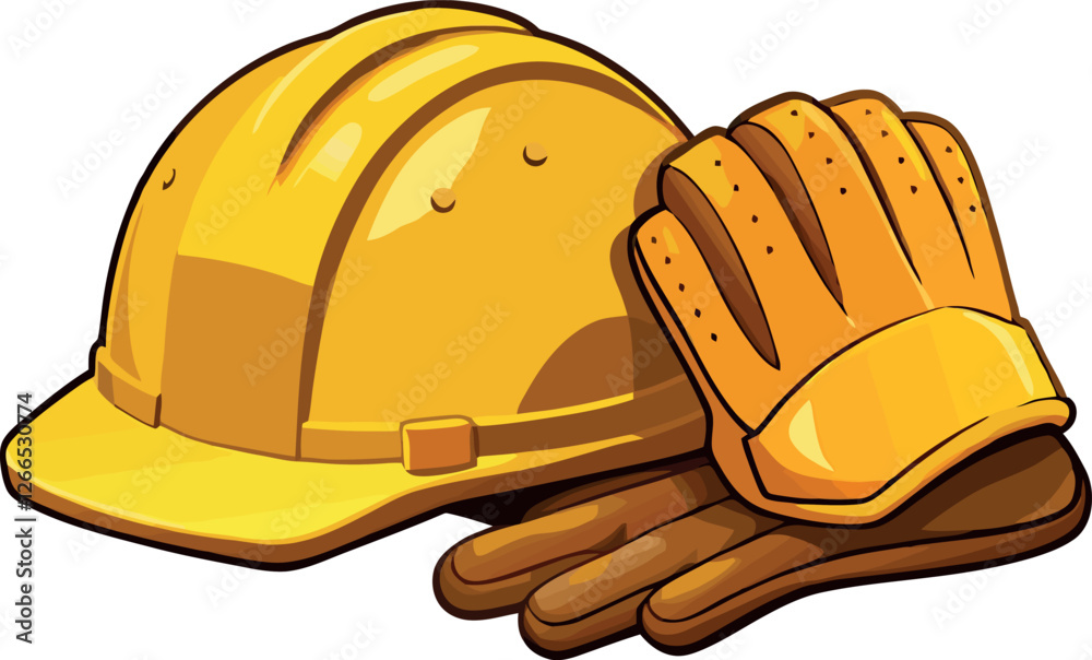 Yellow hard hat and work gloves protecting construction workers