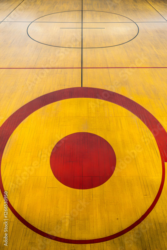Minimalist Aerial View of Vibrant Wrestling Mat in Open Gymnasium