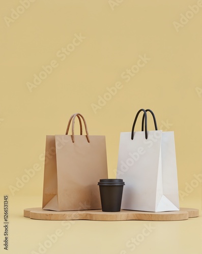 Two bags, one brown and one white, with a black coffee cup in between. The bags are on a wooden surface, and the coffee cup is placed in the middle. Concept of casualness and relaxation