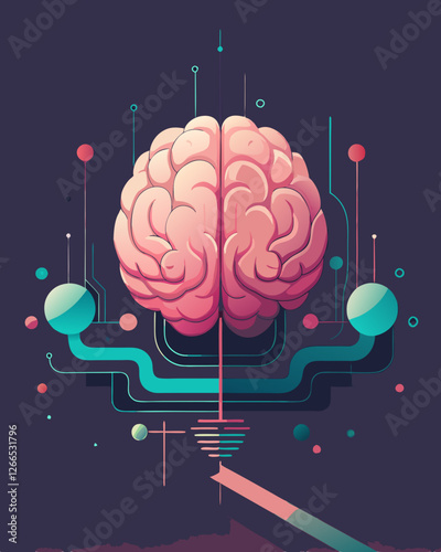 Vibrant Pink & Cyan Brain SVG with Electric Impulses - Futuristic Vector Art