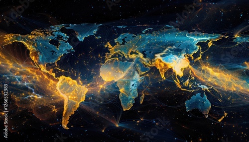 Wonderful world view futuristic international telecommunication network, concept about global connection and information, background with dynamic gradient line flows connecting between countries