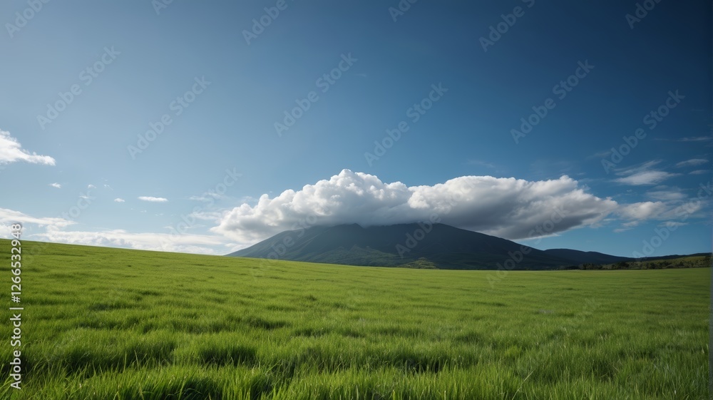 there is a large grassy field with a mountain in the background there is a large grassy field with a mountain in the background
