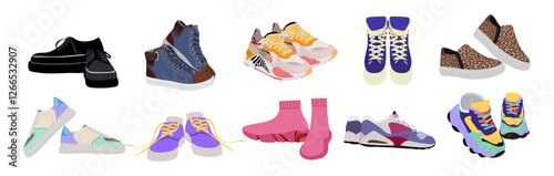 Fashion sneakers set. Modern sports shoes with different shapes and colors. Trendy sportswear for man and woman. Footwear designs. Flat vector illustration isolated on white background