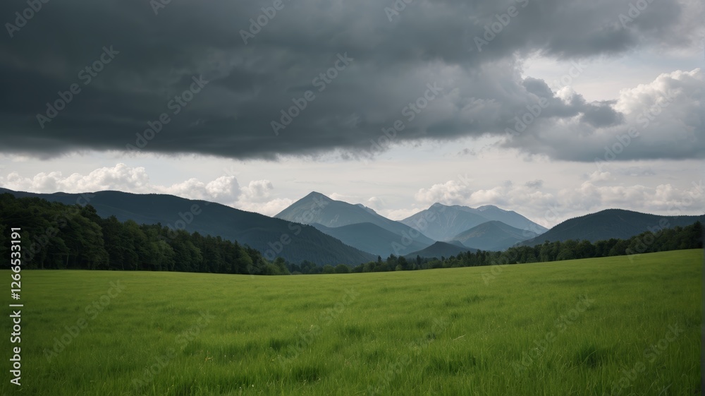 there is a field with a green grass and mountains in the background there is a field with a green grass and mountains in the background
