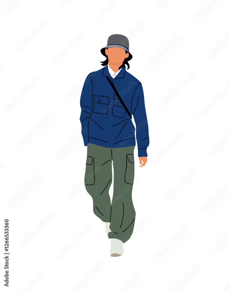 Street fashion men. Stylish guy walking, wearing trendy vintage outfit, jeans, jacket, hat, sneakers, bag. Vector realistic illustration isolated on white background. Street fashion men. Stylish guy walking, wearing trendy vintage outfit, jeans, jacket, hat, sneakers, bag. Vector realistic illustration isolated on white background.
