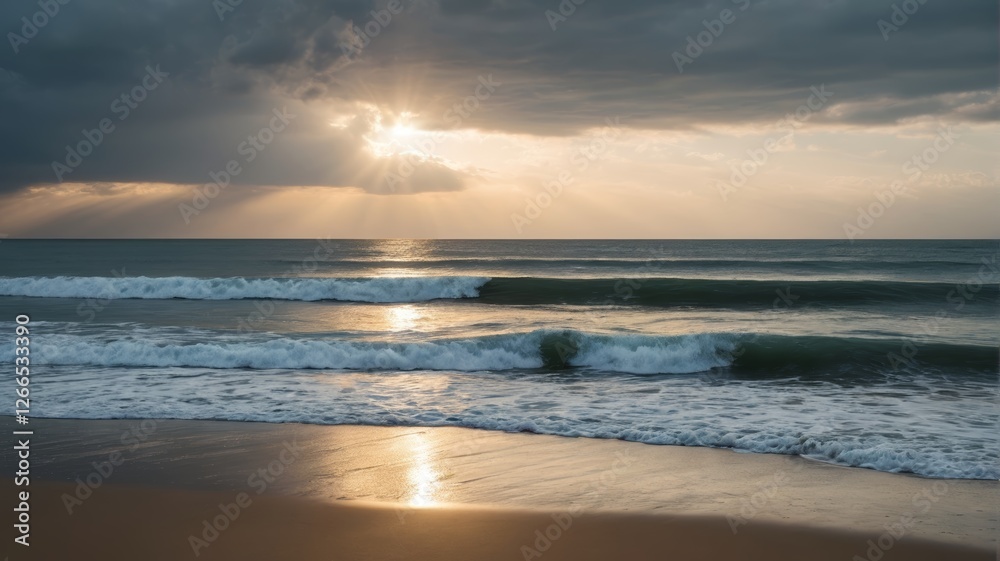 arafed view of a beach with waves and a sunbeam arafed view of a beach with waves and a sunbeam