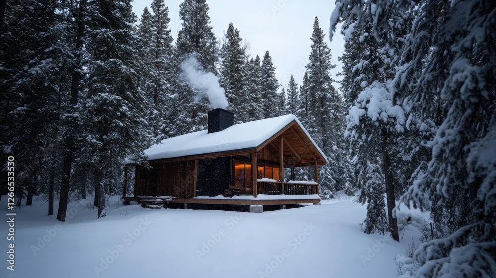 cozy cabin in snowy forest with towering pine trees cozy cabin in snowy forest with towering pine trees