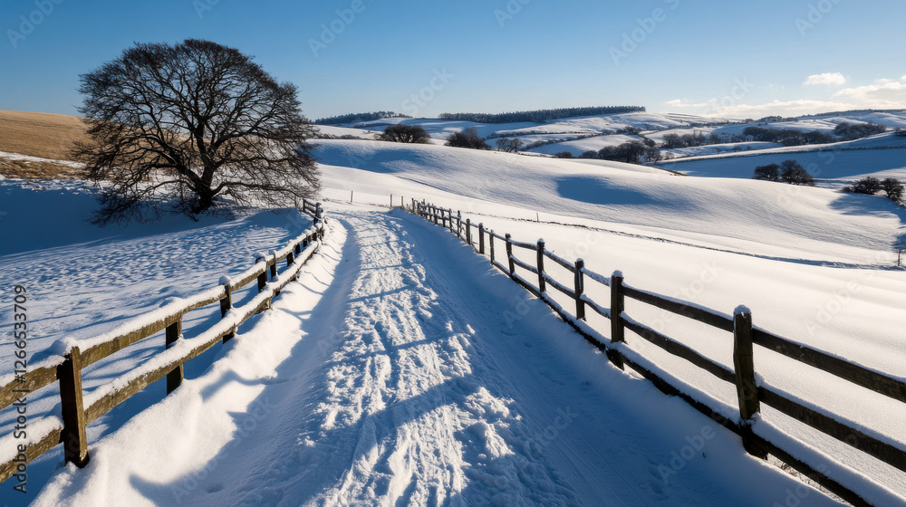 serene snowy landscape with rolling hills and fence serene snowy landscape with rolling hills and fence