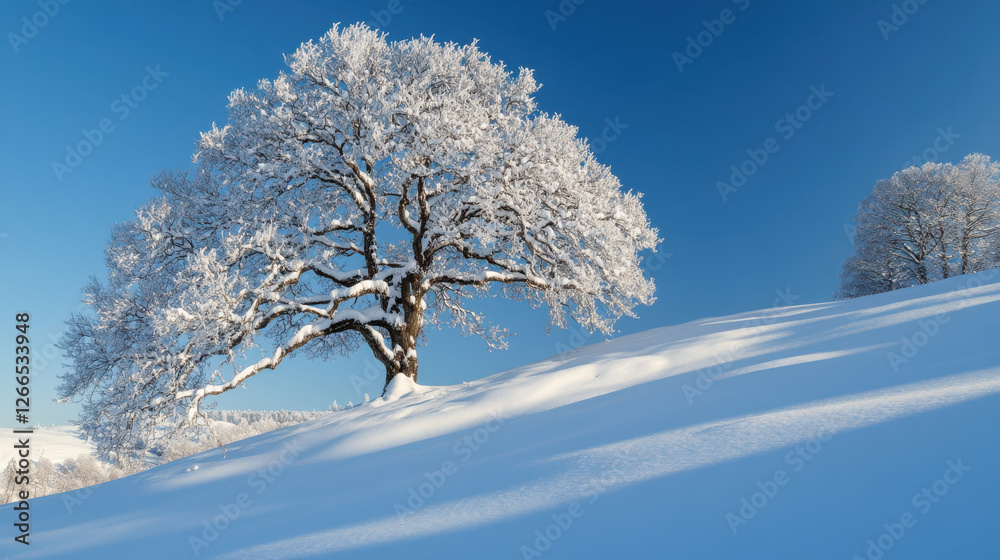 snowy hill with single tree, branches coated in frost snowy hill with single tree, branches coated in frost