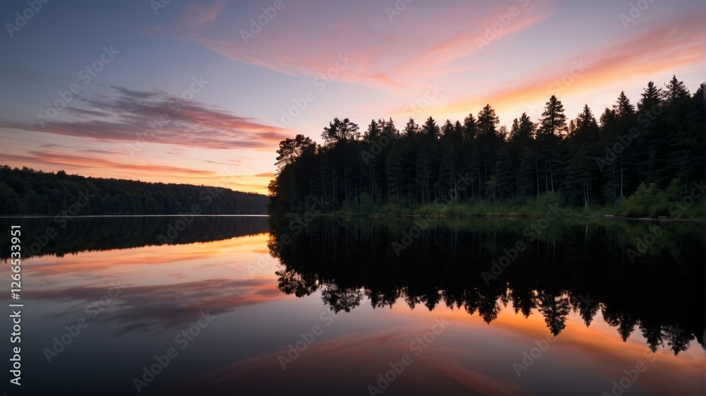 Fototapeta premium trees are reflected in the water at sunset on a lake