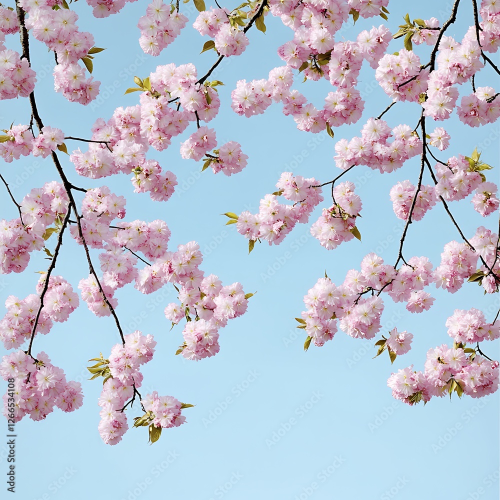 Pink blossoms bloom against bright blue sky. For spring cards, web banners, or backgrounds Pink blossoms bloom against bright blue sky. For spring cards, web banners, or backgrounds