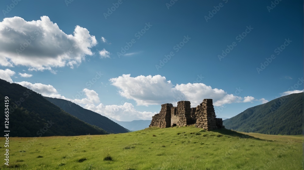 Fototapeta premium there is a large stone structure on a grassy hill with mountains in the background