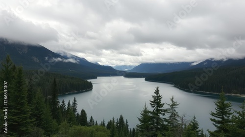 Cloudy forest with a large lake in the background, surrounded by mountains and dense foliage, woodland, forest canopy, landscape photography