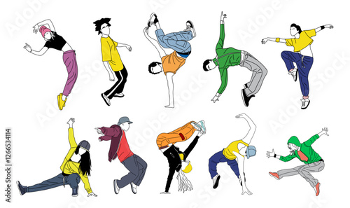 Set of teenager dancers hip hop, breakdance outline vector drawing isolated on white background. Young cool girl and boy dancing street dance in bright clothes. Korean japanese asian cartoon style.