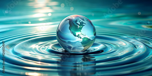 Water Globe With World Map Reflecting Teal And Blue Ocean Water Ripple
