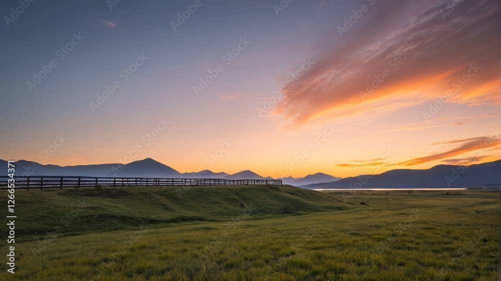 Fototapeta premium grassy field with fence and fenced in area with mountains in background