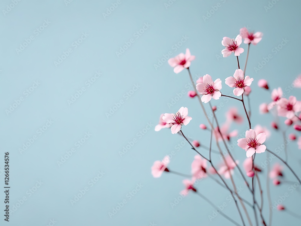 Pink blossoms on blue background, minimal. Use card, invitation, background, spring promotion Pink blossoms on blue background, minimal. Use card, invitation, background, spring promotion