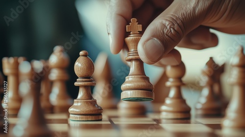 Hand gripping and maneuvering a king chess piece on a chessboard during an intense game, strategizing the next move and aiming for a decisive victory photo