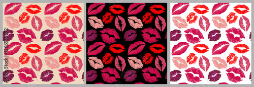 Lipstick kiss prints seamless pattern. Red, pink, purple, wine, magenta lips Different shapes. Imprint of lips kiss repeatable vector illustration for textile, surface design, digital paper.