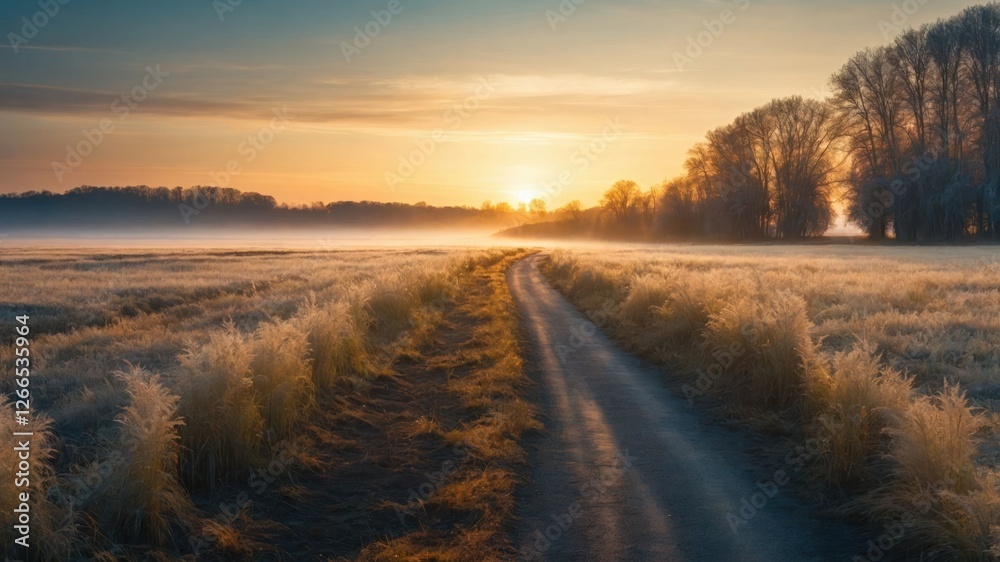 A tranquil sunrise over a misty path through a frosty landscape. A tranquil sunrise over a misty path through a frosty landscape.