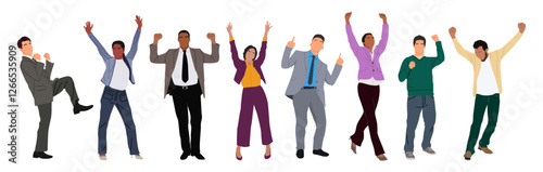 Business people celebrating success and victory vector set. Winners rejoicing their triumph. Flat illustrations of happy, jumping, cartoon men and women in office outfits isolated on white background