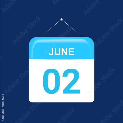 2nd June daily calendar icon template. June 2 day calendar design. Single day calendar in vector illustration flat style.